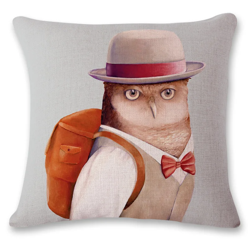 CUTE Animal Pillowcases Owl Wearing A Hat Cotton Linen Pillow Covers Decorative for Bed Sofa Soft Pillows Case Decor Home 40x40