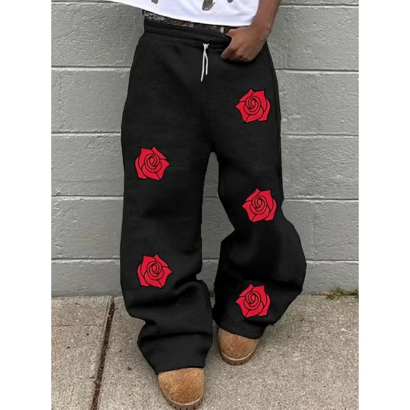 Rose Printed Elastic Waistband Sports Pants, Featuring An Elastic and Casual Street Style, Suitable for Fashion Enthusiasts