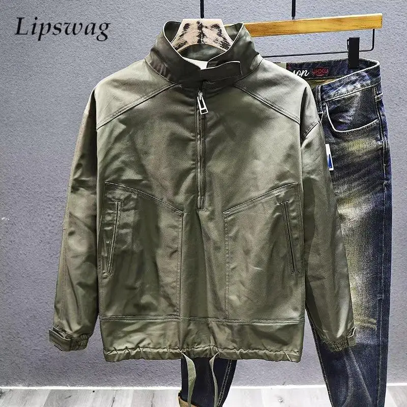 

Vintage Zip-up Stand Collar Mens Pullover Autumn New Fashion Solid Color Patchwork Tops For Men Casual Long Sleeve Windbreaker