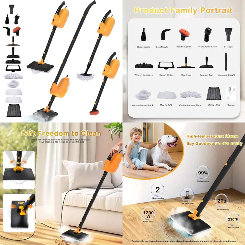 All-in-One Handheld Steam Cleaner with 13 Attachments, 23FT Power Cord, 11.83OZ Tank, Adjustable Height, Multipurpose Steam Mop