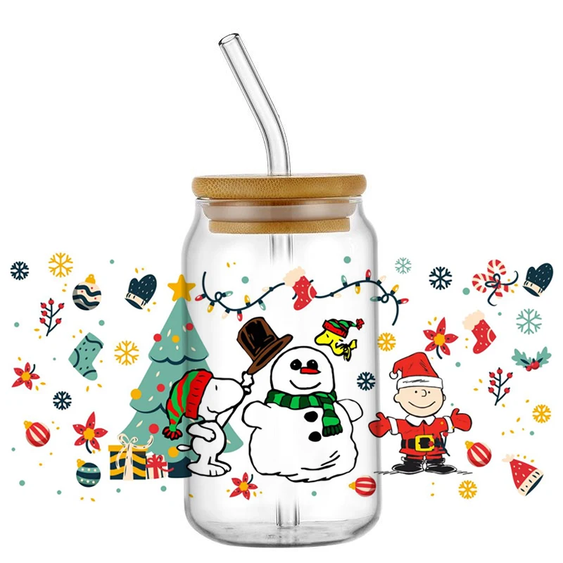 Miniso 3D Cartoon Snoopy Christmas Design UV DTF Cup Wrap Stickers For 16OZ Libbey Cup Washable DIY Mug Transfer Stickers