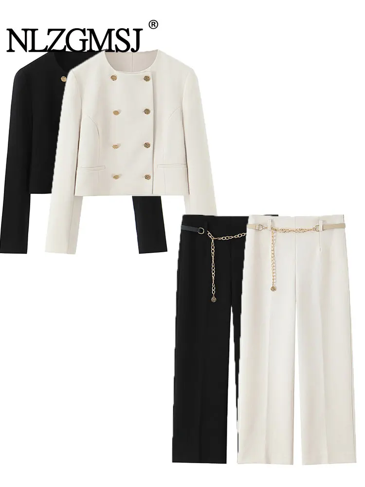 

NLZGMSJ женский комплект, модный комплект с поясом, свободные брюки, комплект из 2 предметов, двубортный пиджак, пальто, комплект одежды