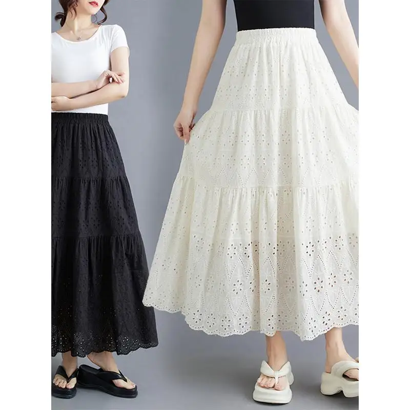 

Вышитая ажурная однотонная юбка миди для весны и лета, повседневная, с завышенной талией, хлопковая, А-силуэт, длинная юбка