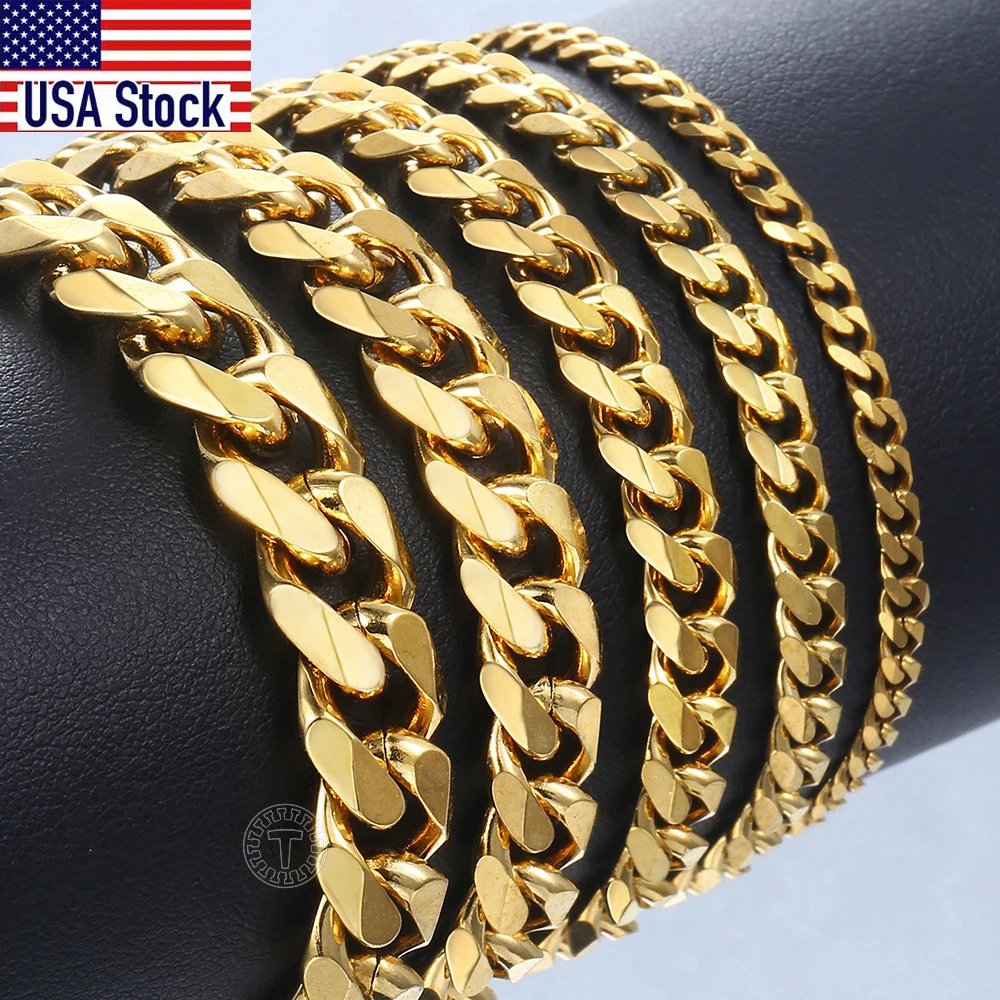 3-11MM Gold Color Stainless Steel Bracelets For Men Women Unisex Curb Cuban Link Chain Simple Wrist Jewelry Gifts