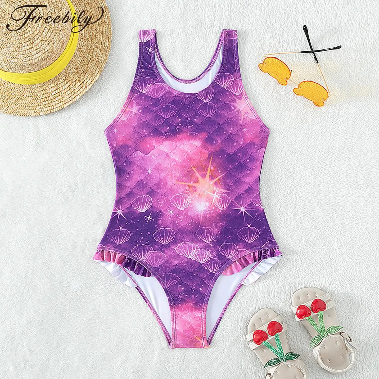 Kids Girls One-piece Bikini Swimsuit Fish Scale Print Ruffle Jumpsuit Swimwear Bathing Suit Water Sport Wear for Surfing Diving