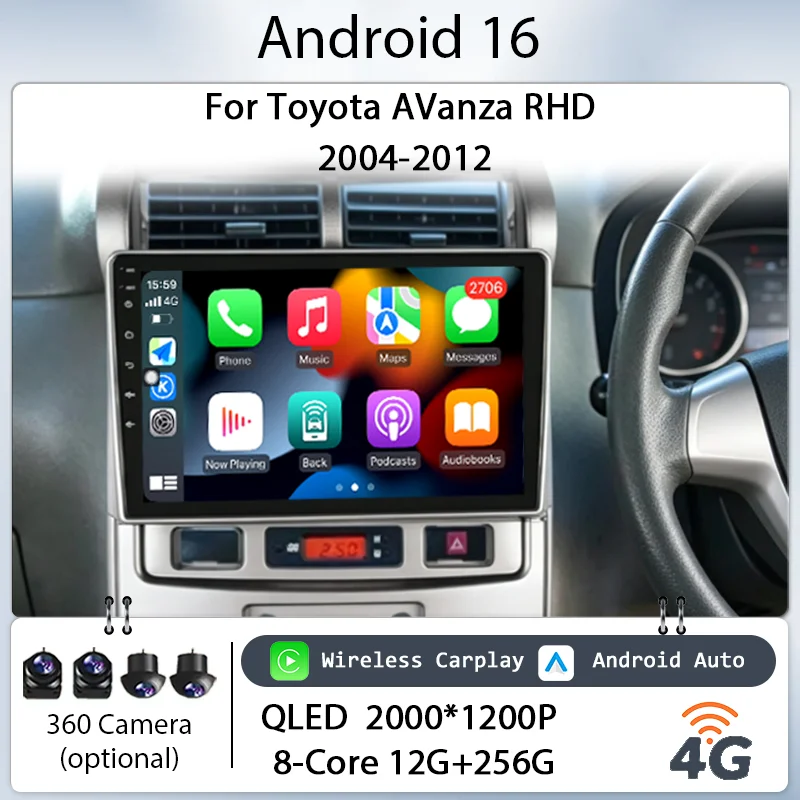 Radio con Pantalla Táctil HD IPS de 9 Pulgadas, Android 16, CarPlay Inalámbrico, GPS, Navegador, Bluetooth, WiFi, DSP para Toyota AVanza RHD 2004-2012, Kit de Unidad Principal Estéreo para Auto