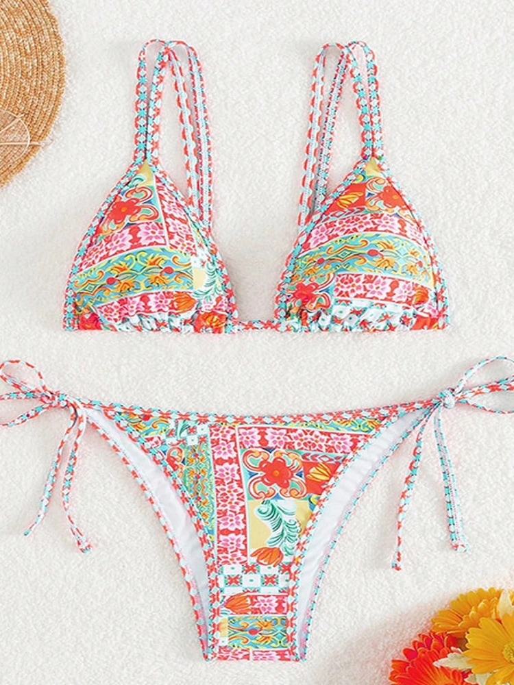 

Sexy Printed Bikini Swimwear Strapless Two-Piece Swimsuit Casual Surfing Suit with Chest Pad No Steel Support Polyester