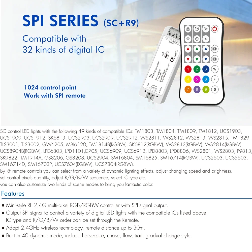 2.4G RF SPI Led Controller DC5-24V RGB/RGBW WS2811 2812 2814 SK6812 LED Strip Addressable Dynamic RF Remote LED Controller KIT