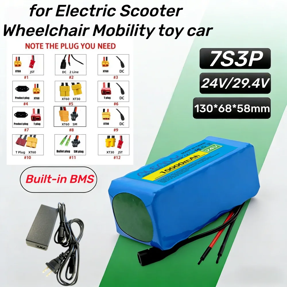 

24V 10Ah 7S3P 18650 Rechargeable Battery Pack BMS Protection 29.4V Suitable for Electric Scooter Wheelchair Mobility toy car.