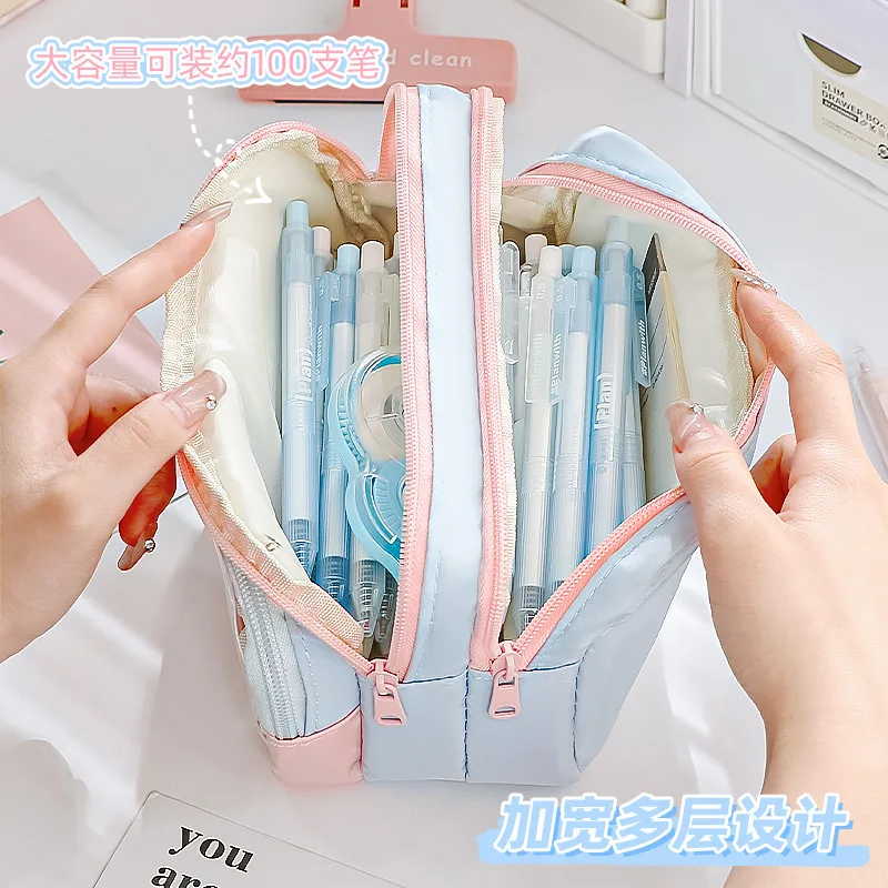 Astuccio per matite Kawaii di grande capacità, 3 scomparti, astuccio per penne, organizer da scrivania, materiale scolastico, carino cancelleria coreana
