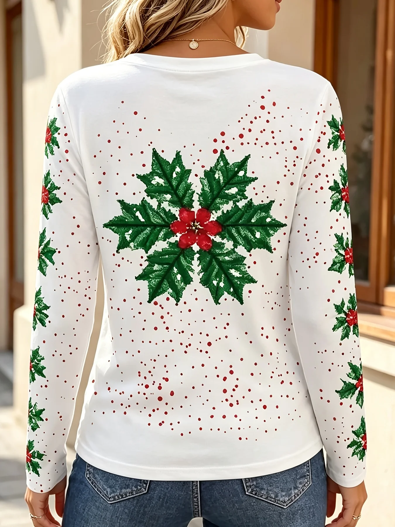 Women's Long Sleeve T-Shirt, White Top With Green Holly Leaves And Red Berries Print Plus Red Polka Dots, All-Winter Holiday Style Top Suitable For Leisure And Sports Scenarios