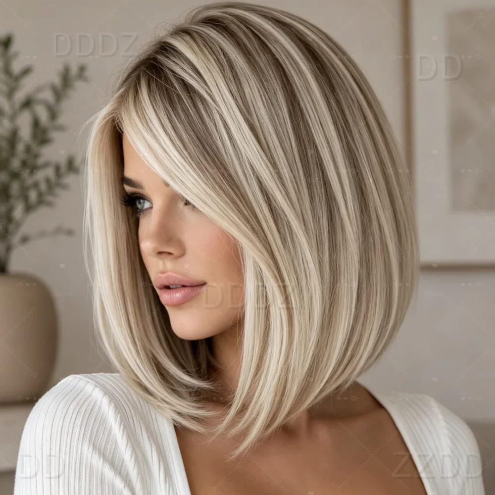 Short Soft 100%human hair Straight Highlight Blond Hair 150 density and 13×4 wig lace front wig, with baby hair pre plucked