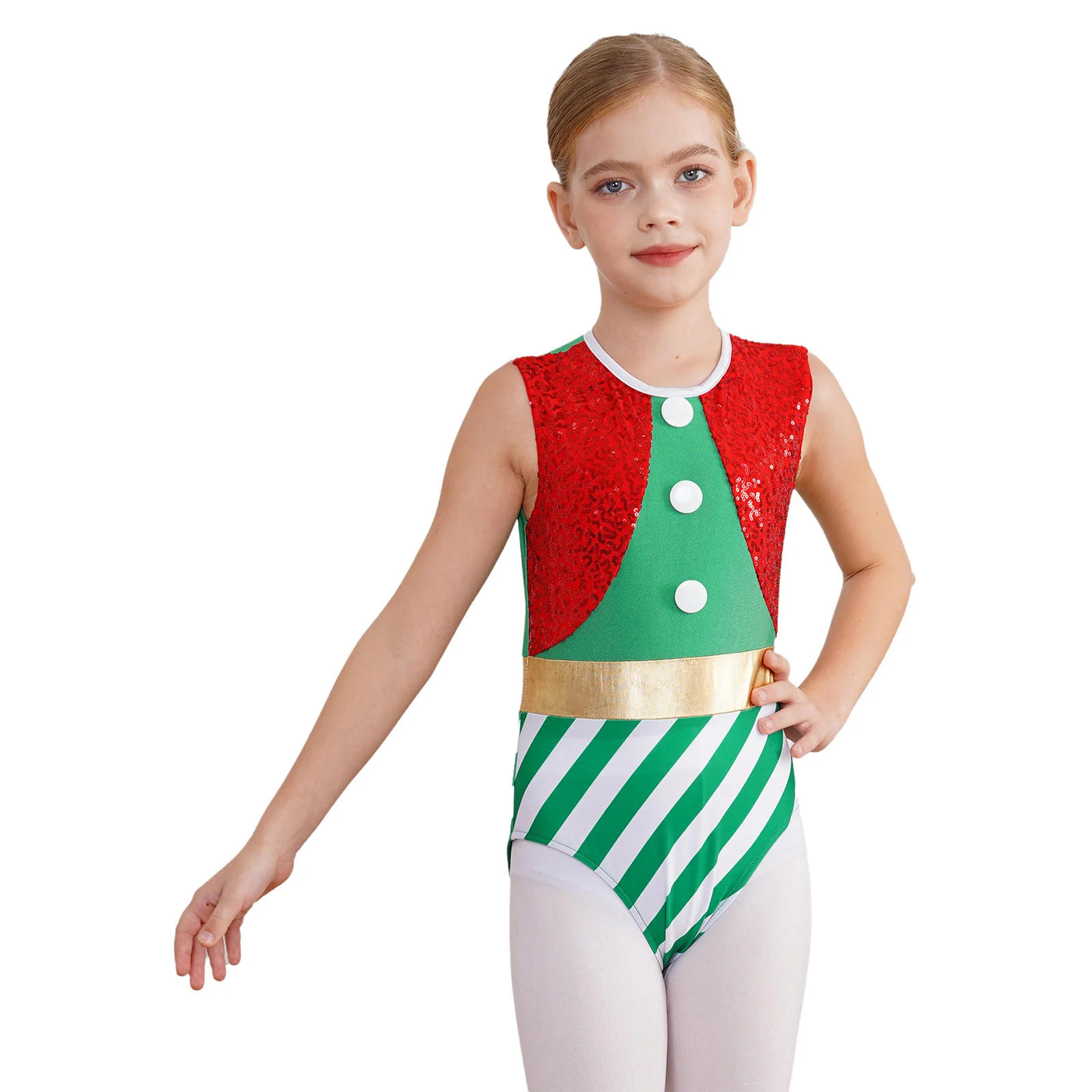 Kids Girls Christmas Dress Up Costume Hollow Back Jumpsuit Sequins Stripes Ballet Dance Leotard Gymnastic Unitard Bodysuit