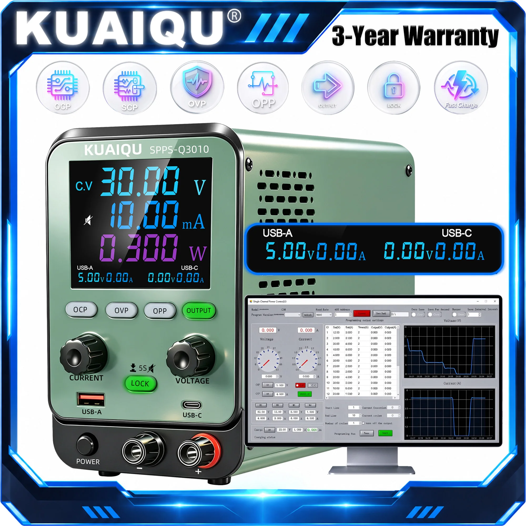KUAIQU Adjustable Power Supply, 12V 24V 30V 60V Bench Power Supply Display USB Volt Ampere, DC Lab Power Supply with OCP OVP OPP