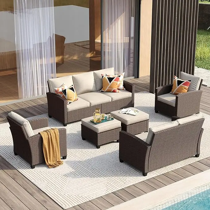 5/6/7 Stück Gartenmöbel-Set, Patio-Rattan-Gesprächs sets mit Hockern