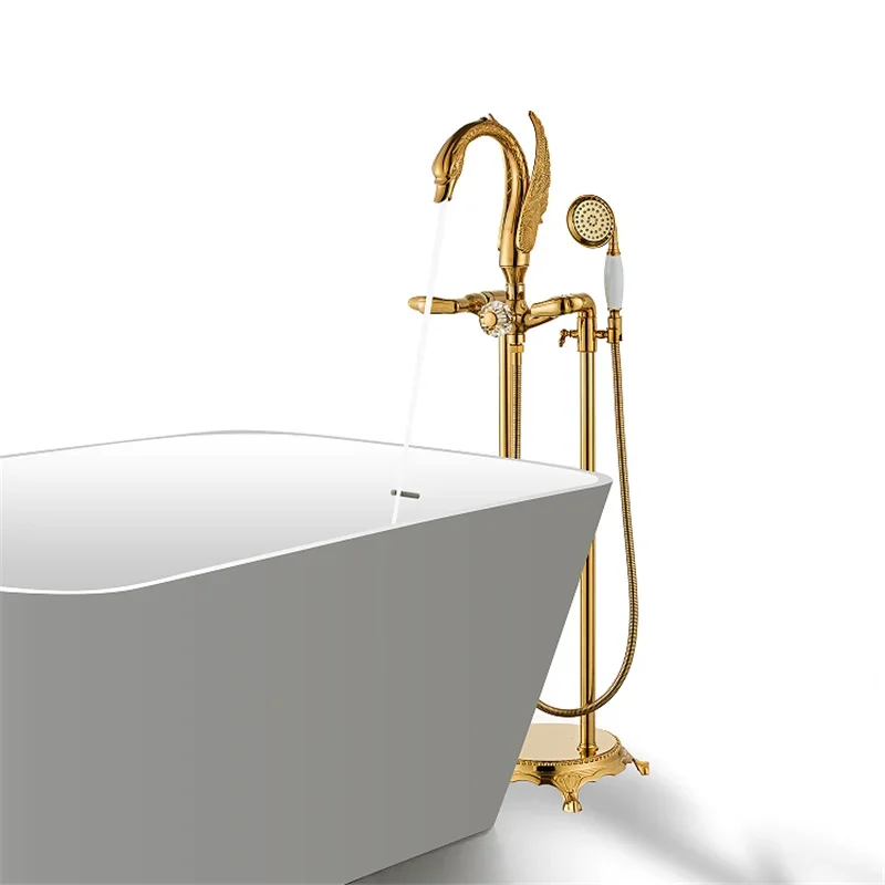 

Gold Bathtub Faucet Floor Stand Swan Bathtub Mixer 360 Degree Rotation Spout with Handshower Head Bath Mixer Shower