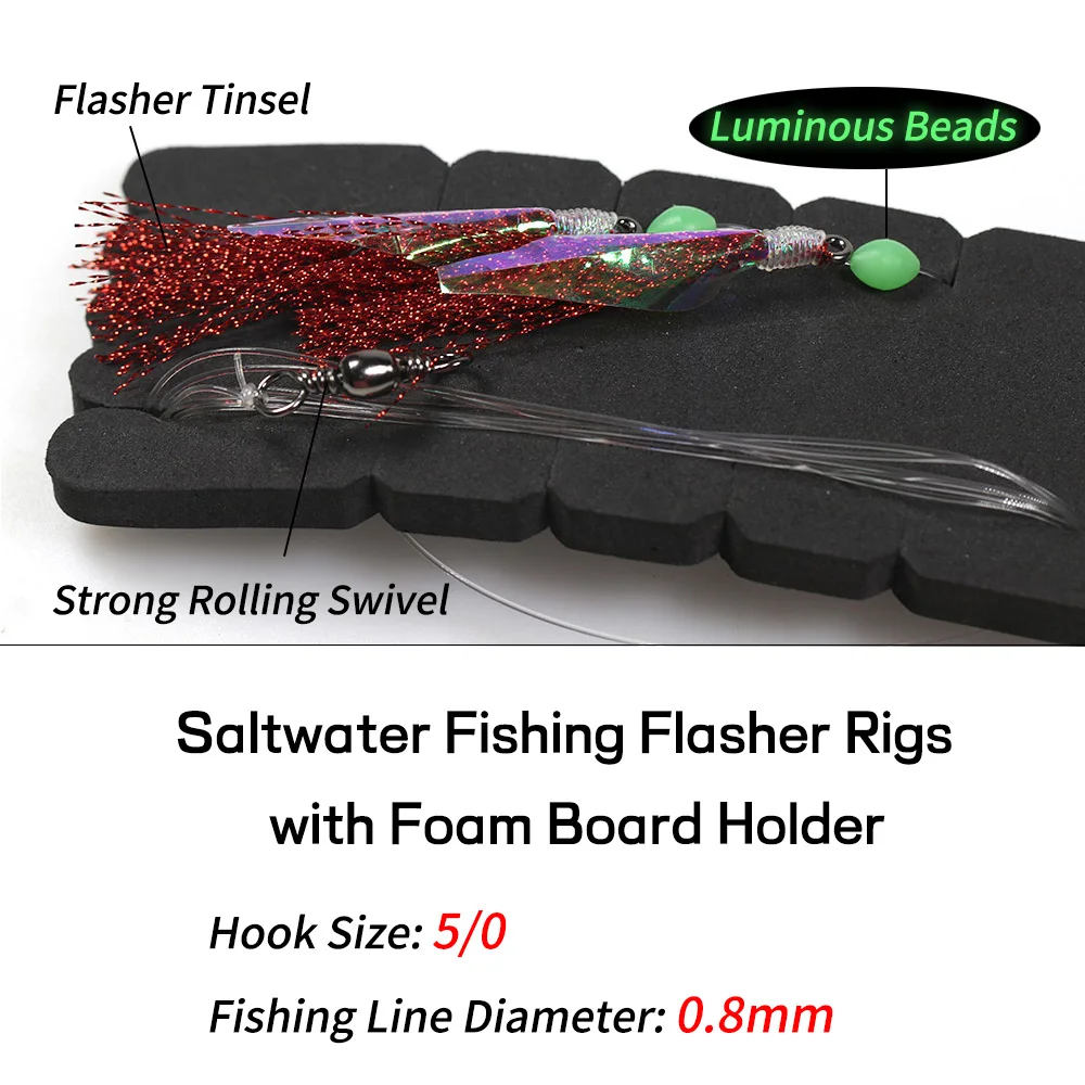 Elllv 2 Packs Saltwater Fishing Flasher Rigs 5/0 Circel Hook with Foam Board Holder Red Blue Sabiki Rigs For Sea Fishing