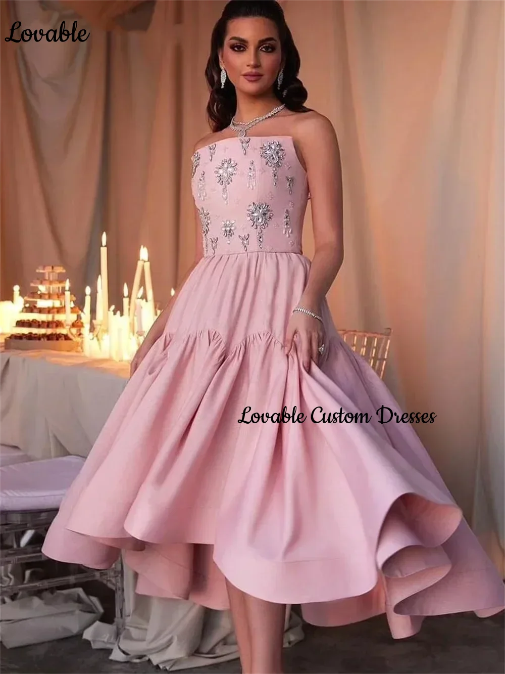 Customized فساتين سهرة A-Line Strapless Tea-Length Luxury Evening Dresses Beadings Zipper Up Sleeveless Dresses For Prom