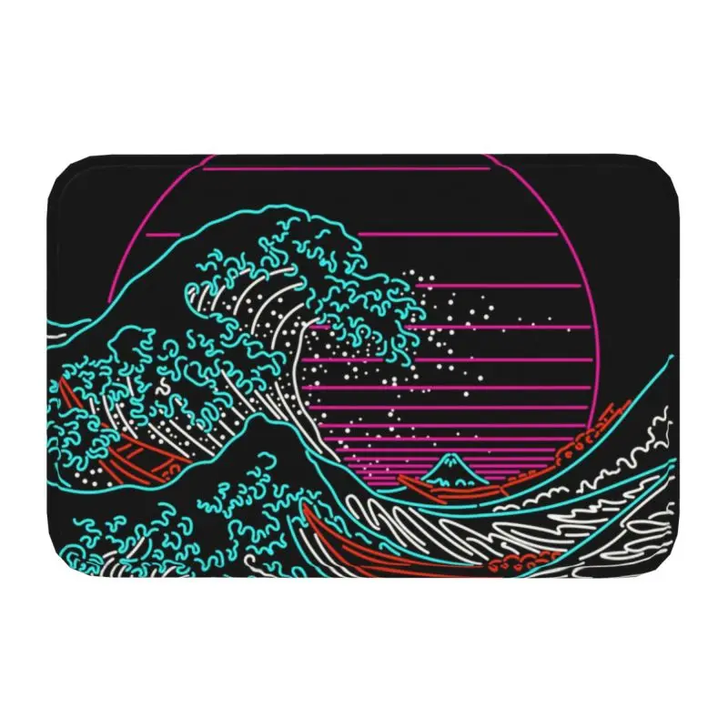 Neon Wave Front Door Floor Entrance Mat Great Wave Off Kanagawa Vintage Retrowave 80 Kitchen Bath Doormat Garage Carpet Rug