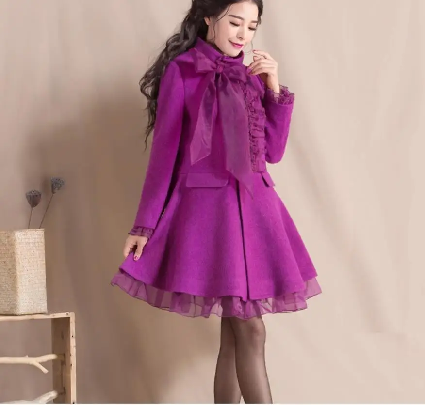 New Women's Big Bow Lace Woolen Coat Slim Stand Collar Autumn Winter Wool Jacket Thicken