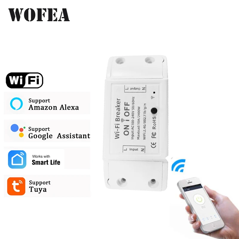 WOFEA-Interruptor de Luz Inteligente WiFi, Temporizador Universal Breaker, Controle Remoto Sem Fio, Funciona com Alexa, Google Home, Smart Life App