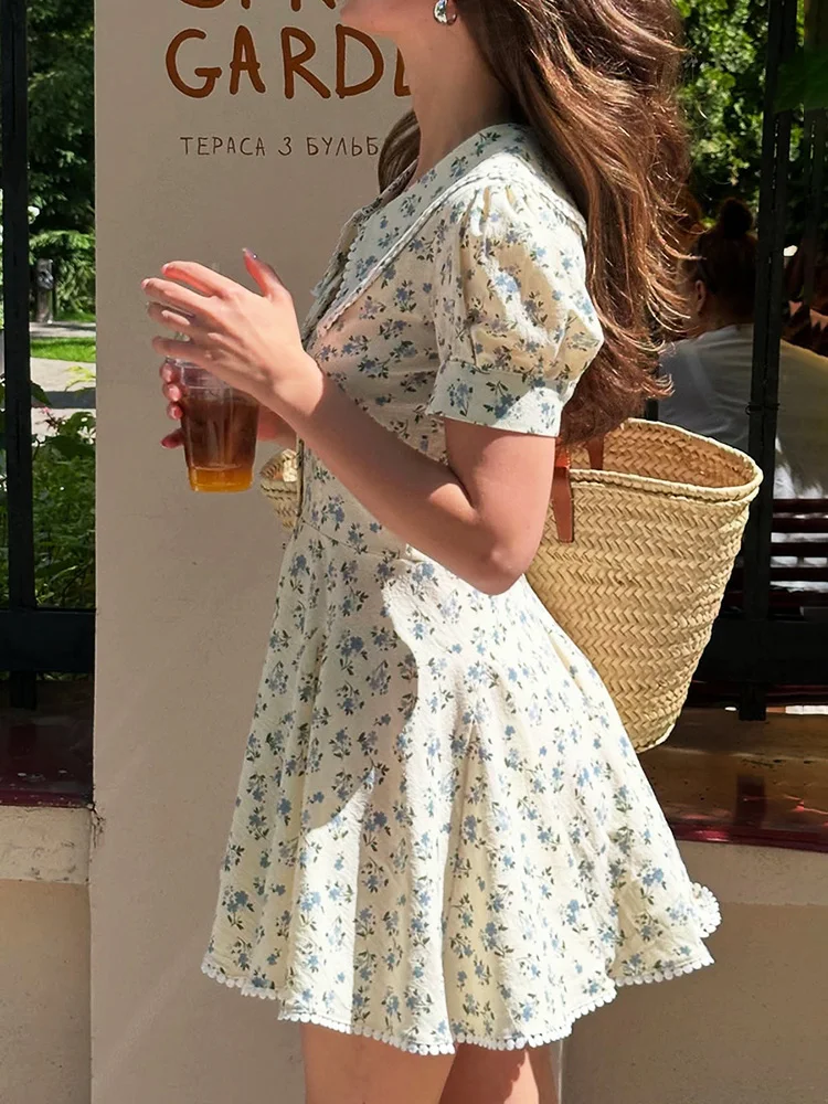 Ticketsx Floral Printed Mini Dress Elegant Lapel Contrast Button High Waist Patchwork Slim Dress Women Commute Vacation Dresses