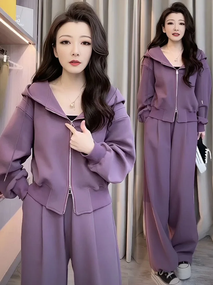 Casual Fall Winter Two Piece Set Korea Hooded Zip Sweatshirt Jackets Coats Tops Tracksuit High Waist Baggy Wide Leg Pants Suit