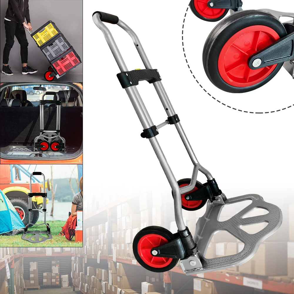 Chariot à sacs pliable en aluminium, capacité de charge de 80 kg, avec poignée et roues réglables en hauteur, grande plateforme de chargement antidérapante