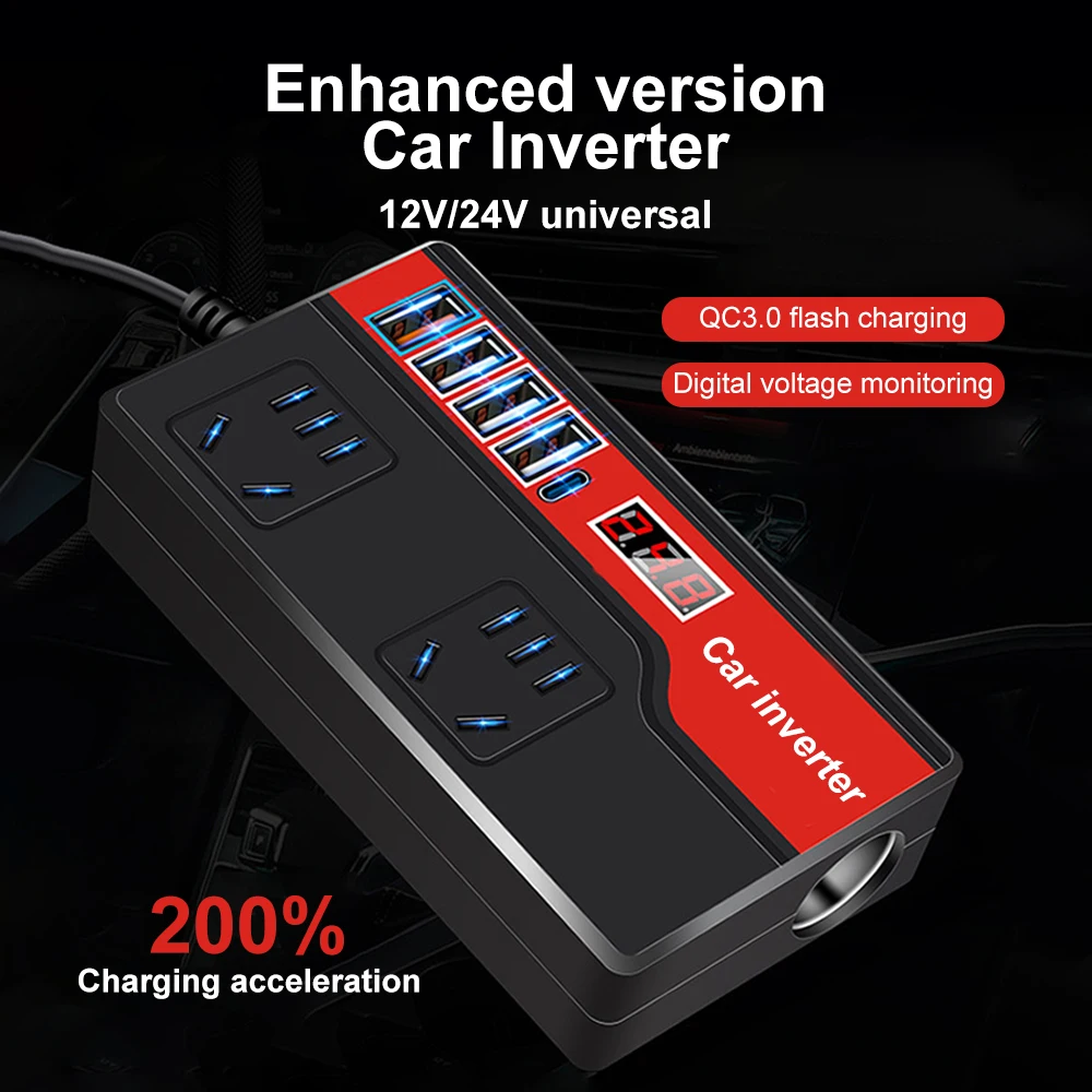 Car Power Inverter DC 12V/24V To AC 220V Auto Power Converter 2000W with 4 USB Ports Socket Digital Display Car Power Adapters