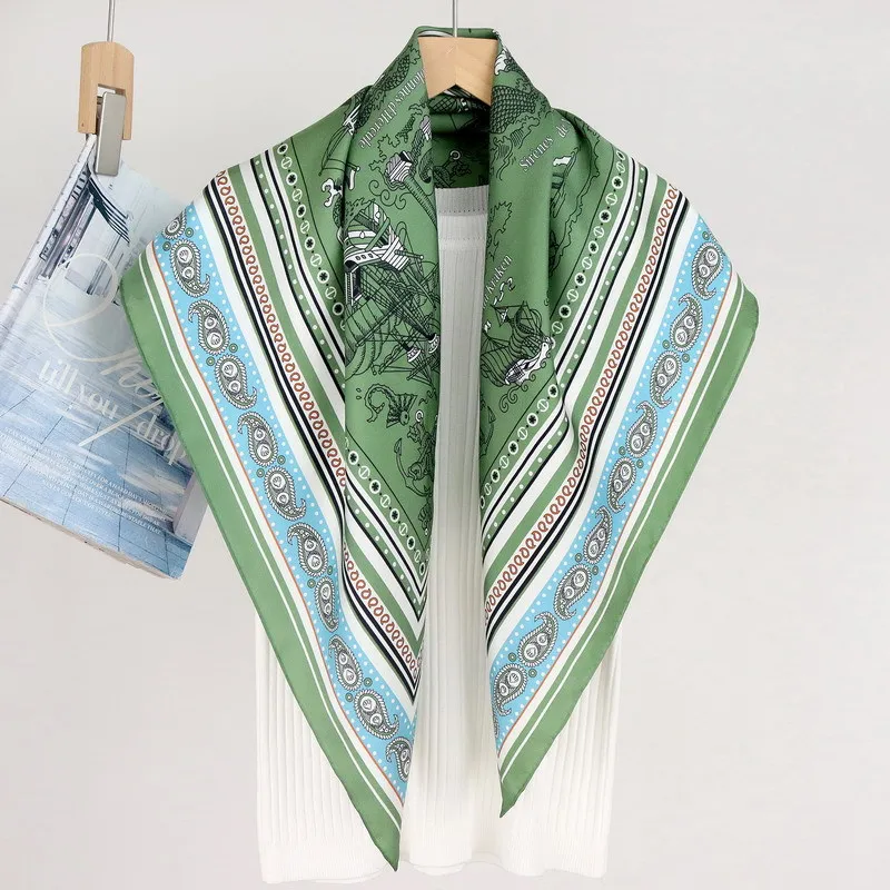 Green Silk Scarf Women 90cm Square Scarfs Rolled Edges Shawls Lady Neck Belt Bag Bandanas Accessories Lady Christmas Gift