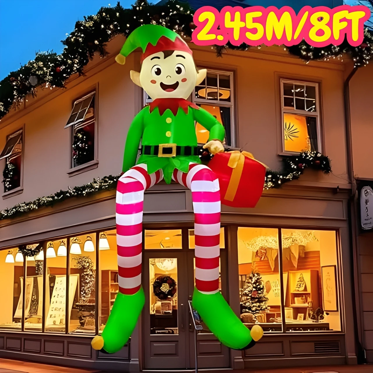 8 FT Christmas Inflatable Outdoor Decorations Sitting Elf Holding Gift Bag Blow Up Builtin LED Lights for Xmas Holiday Decor