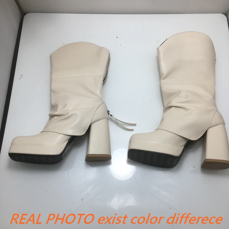 

Girseaby Design Женские ботинки с квадратным носком на массивном высоком каблуке 9 см на платформе с молнией и плиссировкой Большие размеры 45 46 47 Модная повседневная обувь Bota