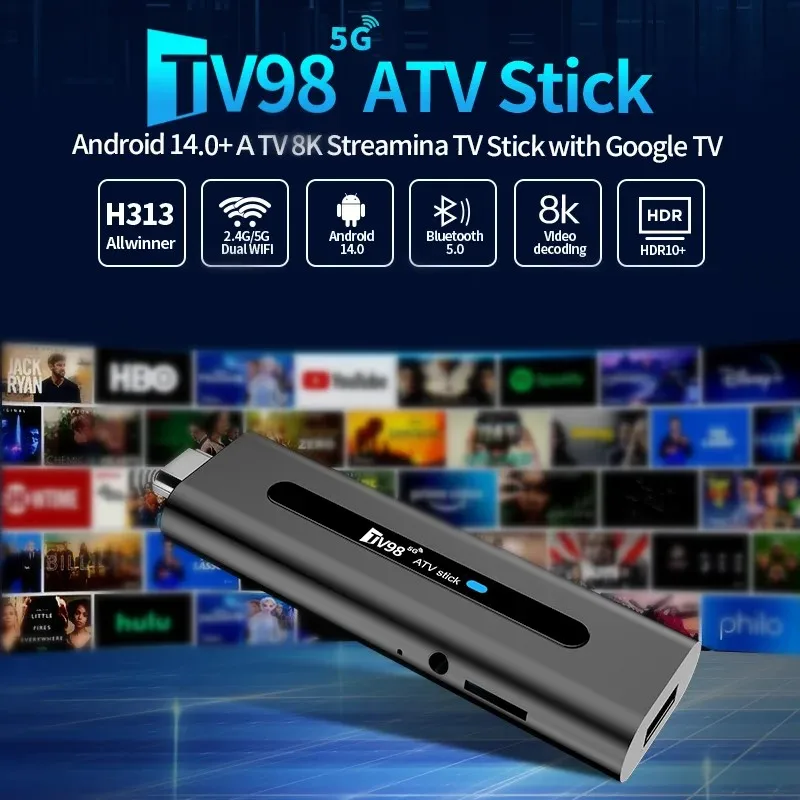 TV98 ATV Stick Android 14 Allwinner H618 Quad Core Cortex A53 Supporto 8K Video 4K Wifi6 BT5.0 Telecomando vocale Smart TV mini Stick