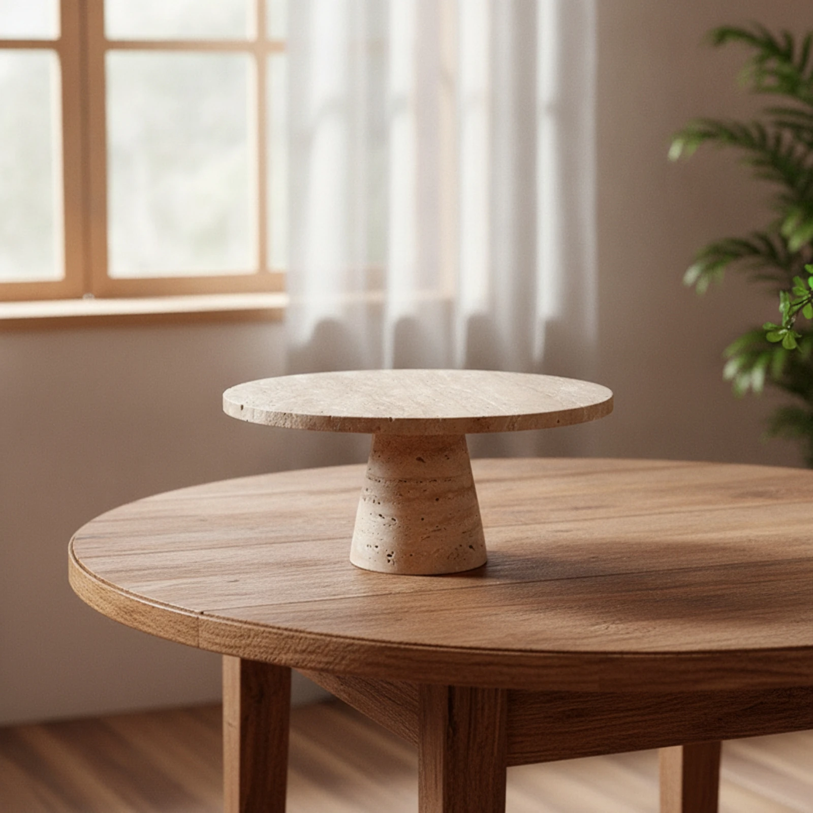 Travertine Pedestal Tray Speckled Travertine Display Tray Stone Pedestal Stand Decorative Round Display Platter Wabi-Sabi