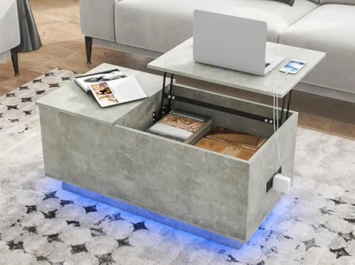 Lift Top Coffee Table w/ Charging Station, Grey Coffee Table w/ Hidden Storage, Modern Center Table w/ 16 Color LED Light