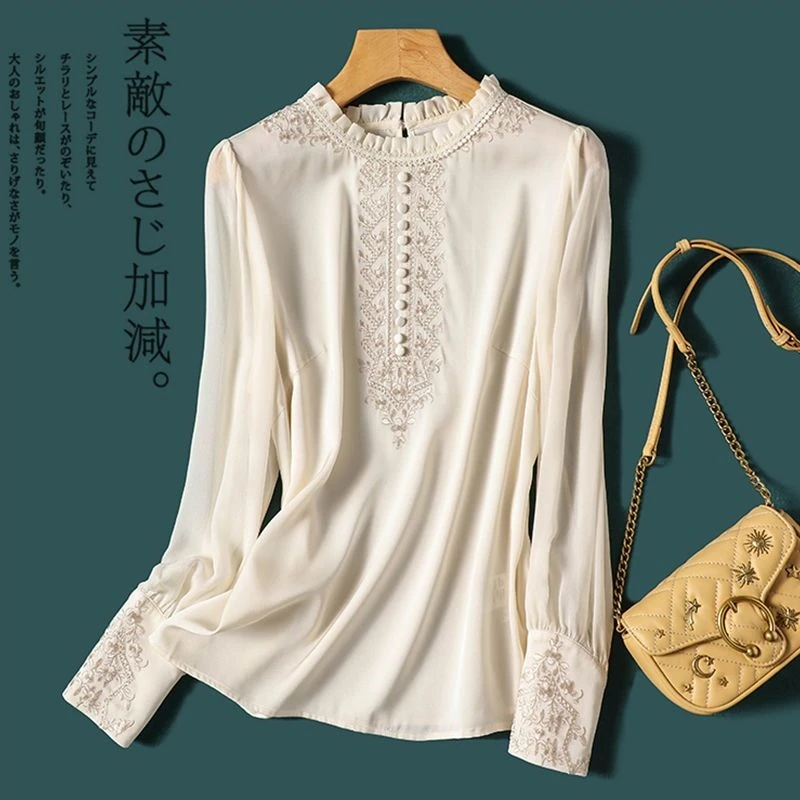 Chemisiers brodés en Satin de soie pour femmes, manches longues, col à volants, chemises décontractées, bureau, vêtements décontractés, hauts grande taille