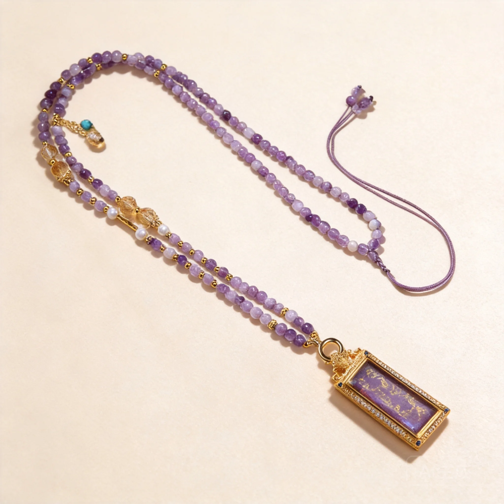 Chinese Style Lucky Natural Amethyst Yellow Tower Crystal Nine Purple Li Fire Thangka Pendant Necklace For Women Blessing Wealth