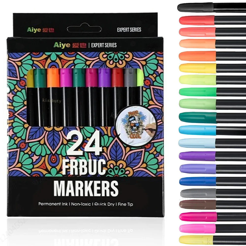 Ensemble de stylos marqueurs pour Textile en tissu, 12/24 couleurs, peinture pour tissu Non toxique, indélébile et permanente, stylo marqueur pour Textile à pointe Fine