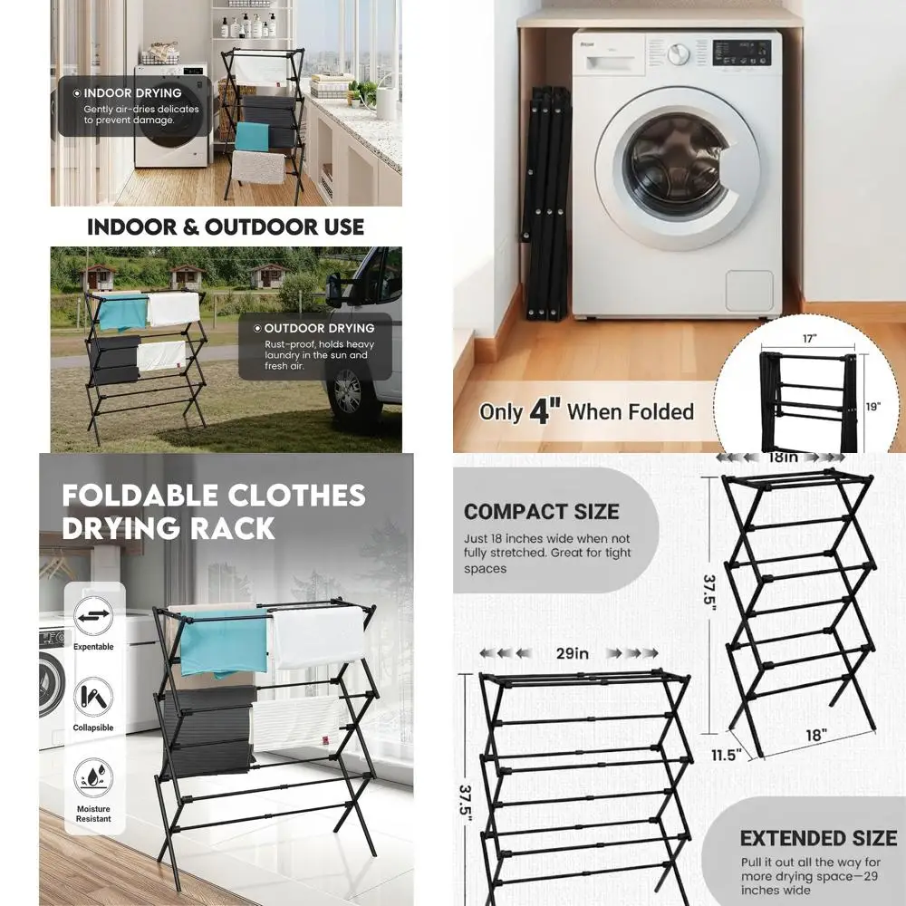 

3-х уровневая складная металлическая сушилка для одежды — для внутреннего и наружного использования, черная