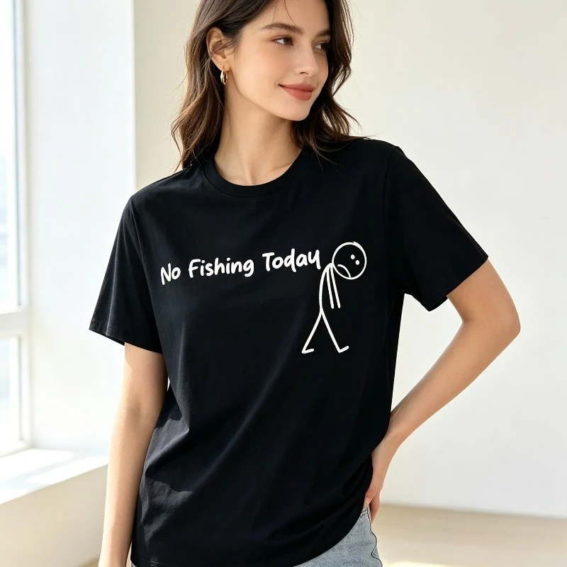 No Fishing Today Women T-Shirt Funny Stick Figure Graphic Tee Sarcastic Fishing Print Top Soft Modal Casual Daily Vacation Shirt