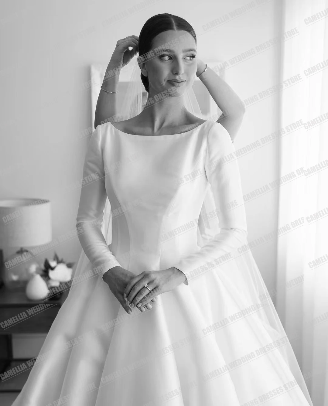 Exquisitos Vestidos de novia de línea A Para Mujer, cuello redondo, Sexy, manga larga, satén Formal, Vestidos de novia de fiesta Para Mujer