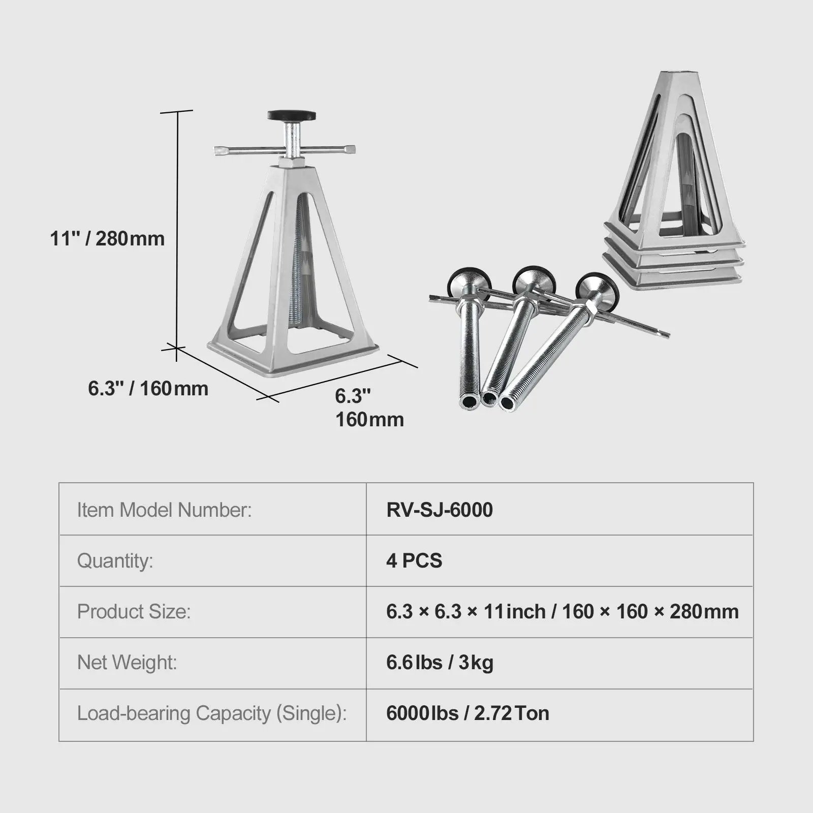 

RV Stabilizer Jacks, 4 Pack Aluminum RV Leveling Jacks, RV Stack Jacks for RV Travel Trailer Camper, Single Screw Jack Support up to 6000 Lbs, Adjustable from 11 inch to 17 inch