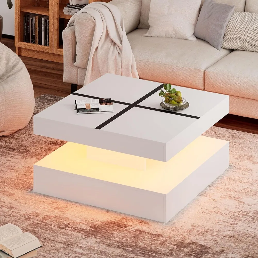 

White Black LED Coffee Table with Storage for Living Room Modern Smart Tall Square Center Table 2 Tier Display Shelf 20 Colors L