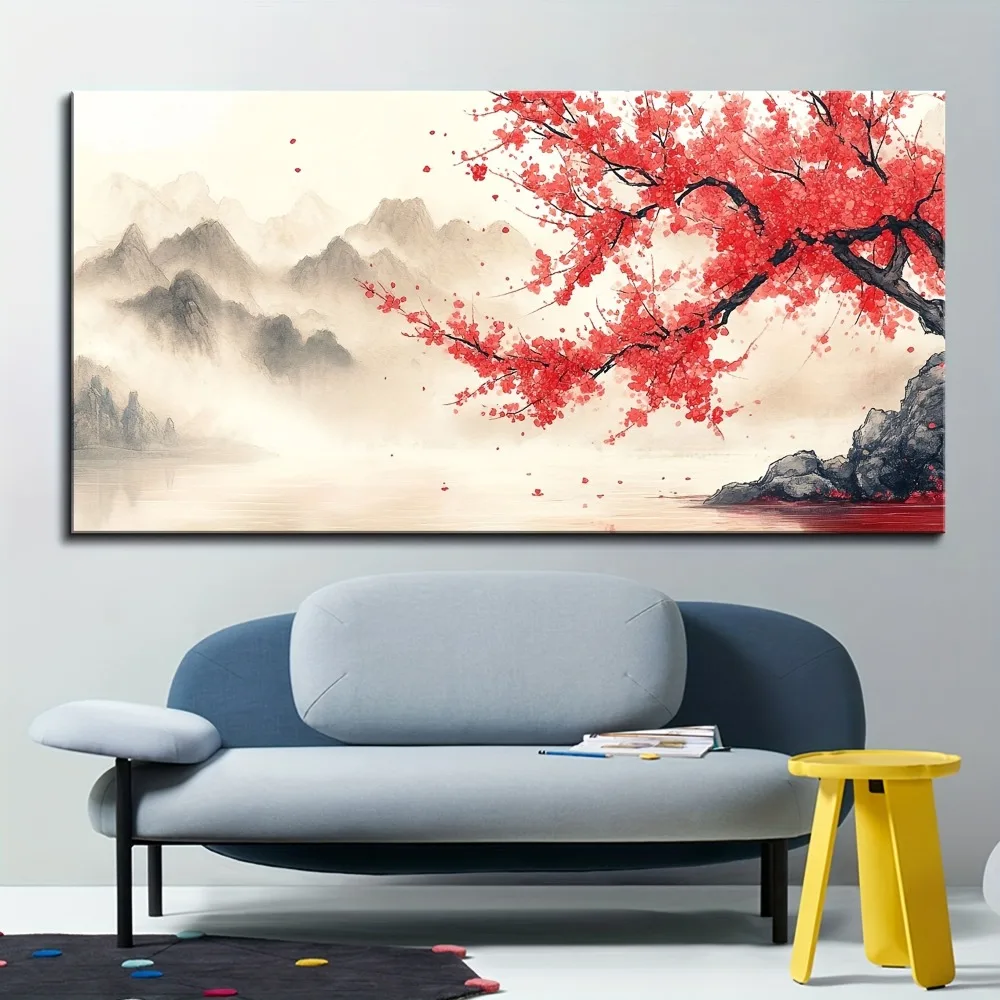 

1.5 inch thick pine solid wood frame, Chinese "pink plum" mural, modern black and white landscape decoration hanging picture