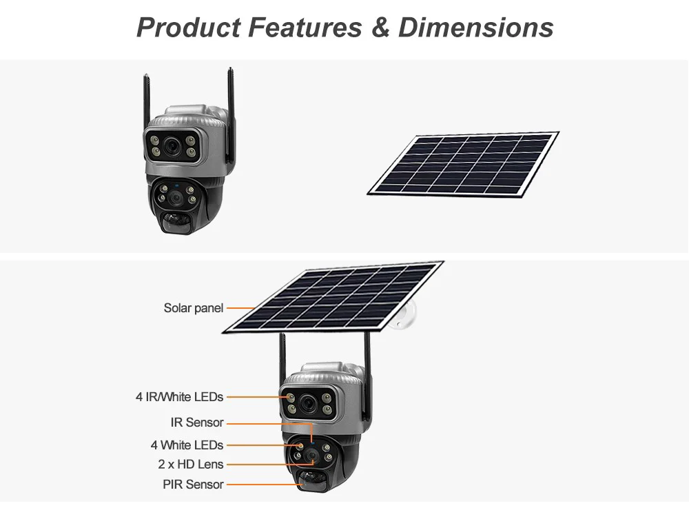 Solar-4G-Kamera für den Außenbereich, kabellos, 8 MP, Dual-Screen-Sicherheitsmonitor 360 ° Vorschau PIR Auto Tracking Smart Home Drahtlose CCTV-Kamera – Detail 3
