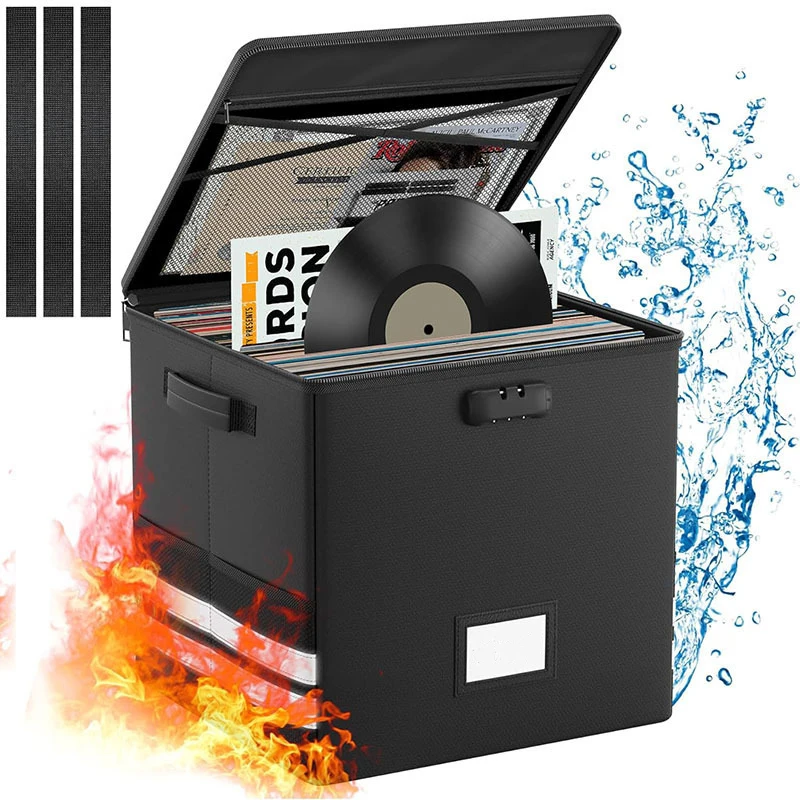 Large Foldable Organizer with Anti Theft Lock Fireproof Waterproof Vinyl Record Storage Box Home Office Multi-function Organizer