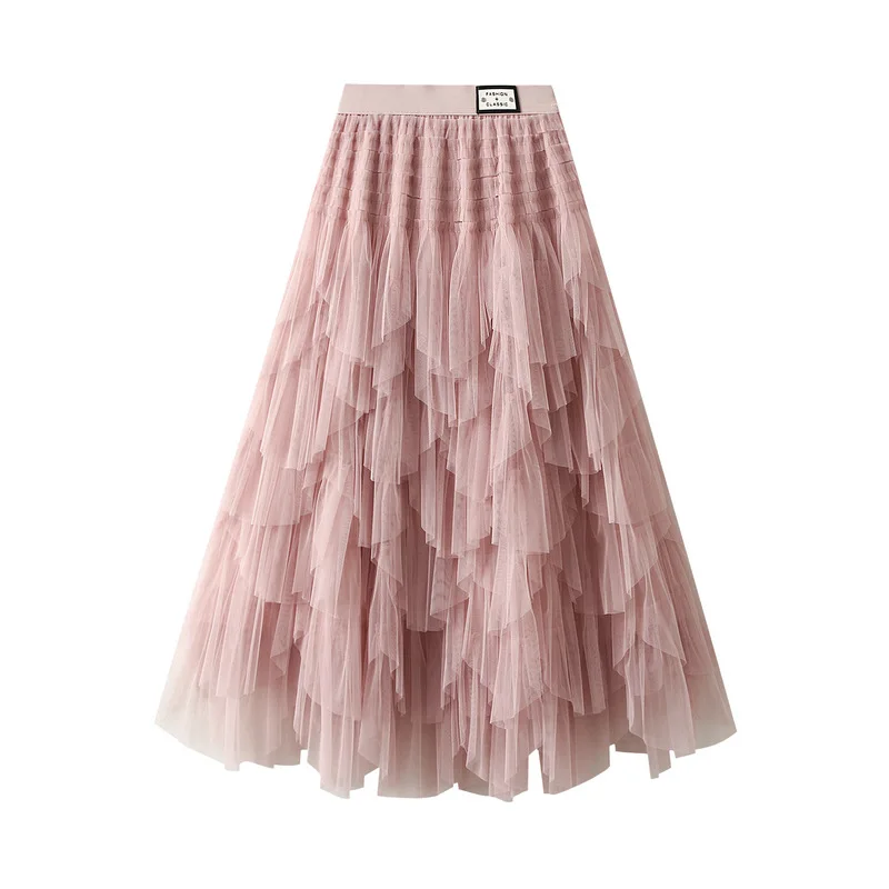 

Sweet Irregular Tiered Long Tutu Skirts Puffy Cakee Layered Ankle Long Mesh Skirt Pink Coffee