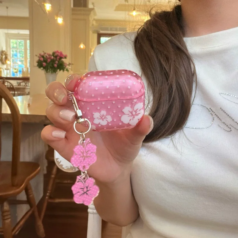 Transparent rose pink white hibiscus flower suitable for AirPods 4 protective case keychain