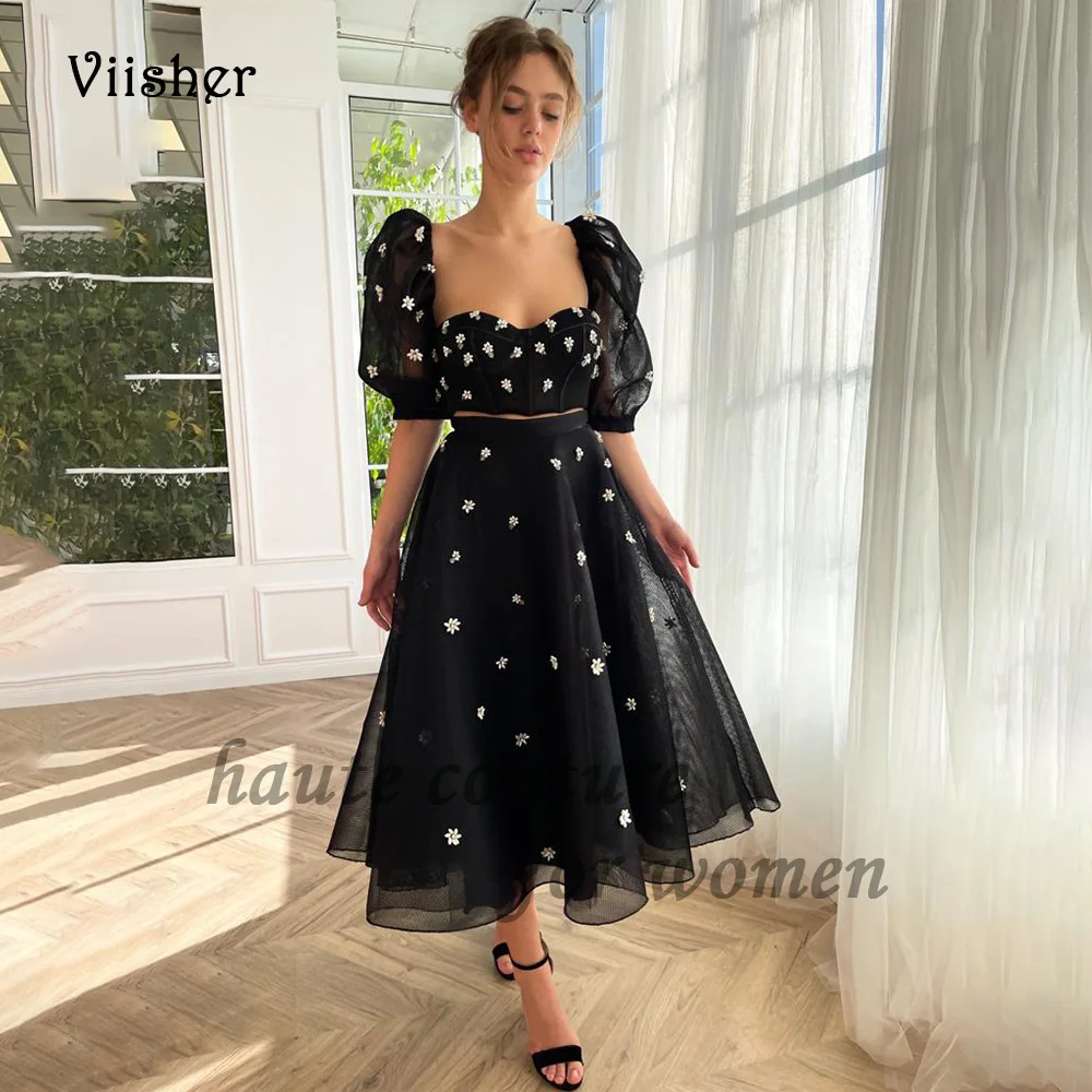 

2PCS Black Tulle Prom Dresses Short Sleeve Sweetheart A Line Tea Length Evening Party Dress Backless Fairy Formal Evening Gowns