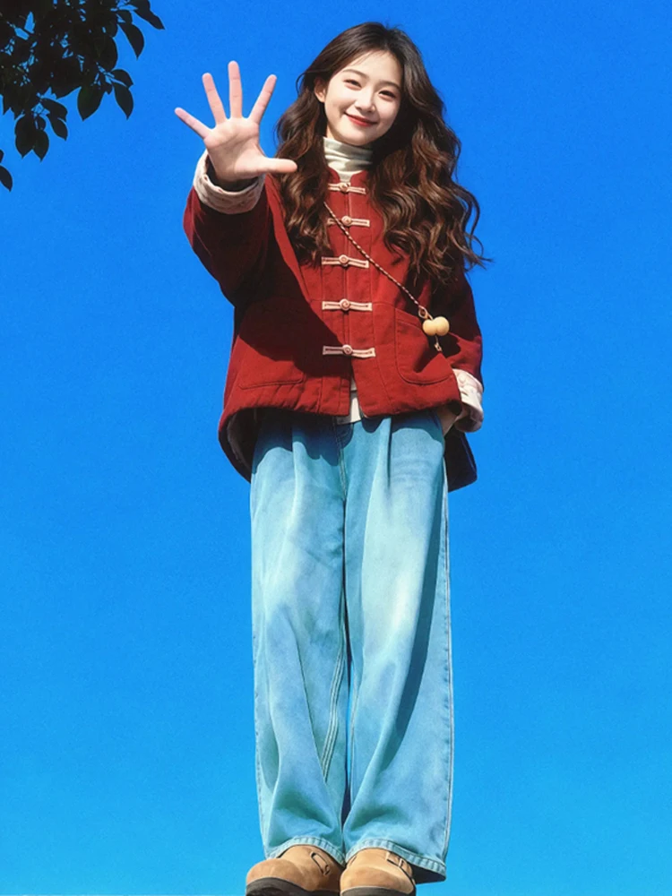 

Sli Red Button ort Jaet Women's 2026 Autumn Winter New Chinese Sle High-End Long Sve Top Korean Loose Fit Cotton...